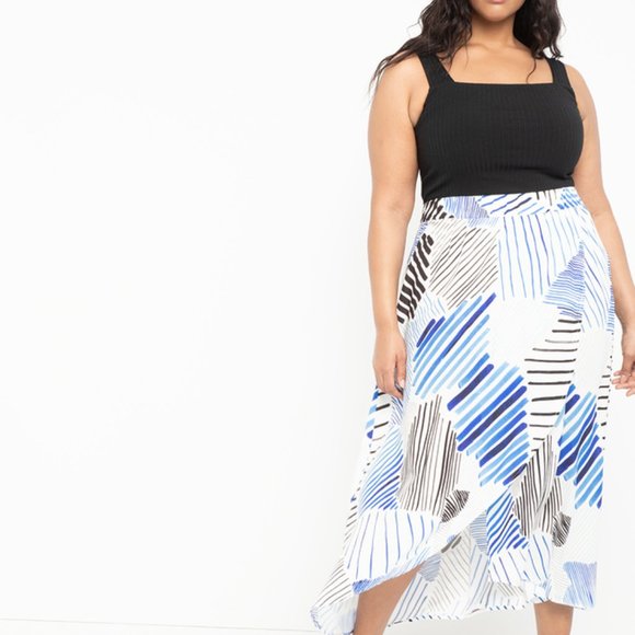 Elloqui Printed Pull-on Faux Wrap Skirt, Blu/Wt 16 - Picture 1 of 3